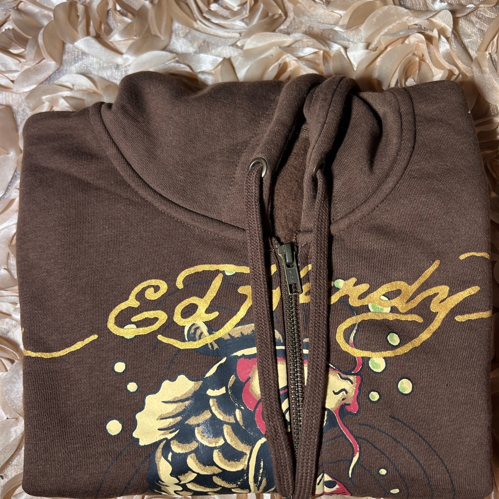 Ed Hardy Brown Hoodie with Graphic Design
